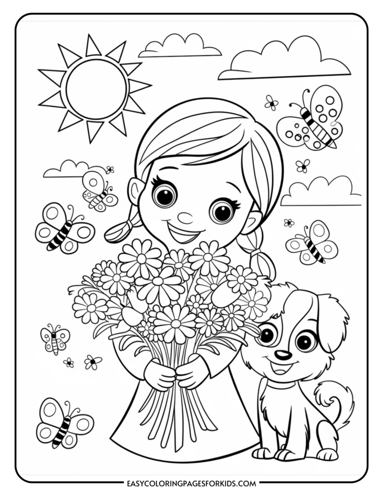 Coloring page of a smiling girl holding a bouquet of flowers surrounded by butterflies, with a dog sitting beside her under a sunny sky with clouds.