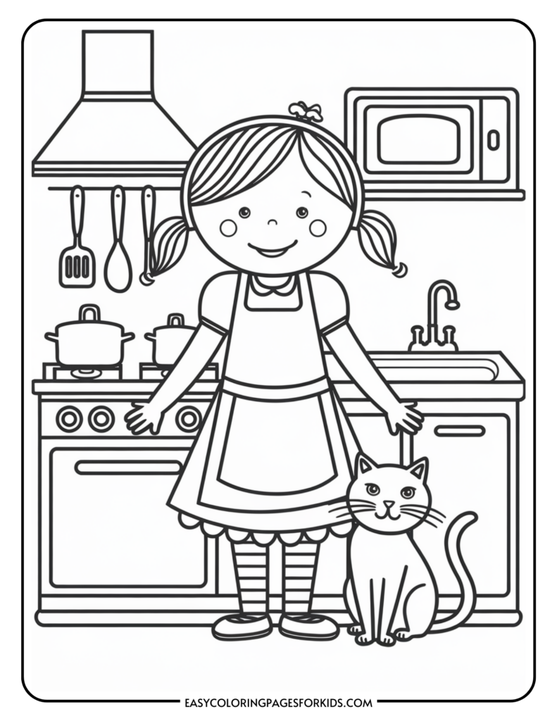 Black and white illustration of a girl with pigtails wearing an apron, standing in a kitchen next to a cat. The kitchen features a stove, cookware, utensils hanging above the stove, a sink, and a microwave.