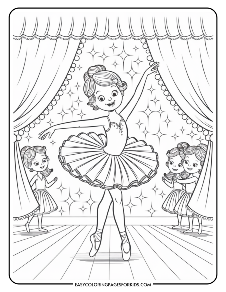 A coloring page illustration of a young ballerina performing on stage with other ballerinas peeking from behind curtains. The scene includes a backdrop of stars and a decorative curtain, and the main dancer is gracefully poised on tiptoe in the center.