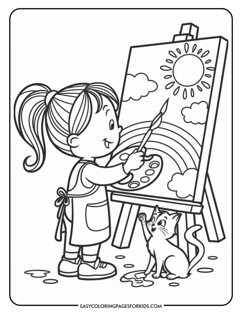 A coloring page showing a young girl painting a picture of a sunny sky and rainbow on an easel, with a cat playfully touching the spilled paint on the ground.