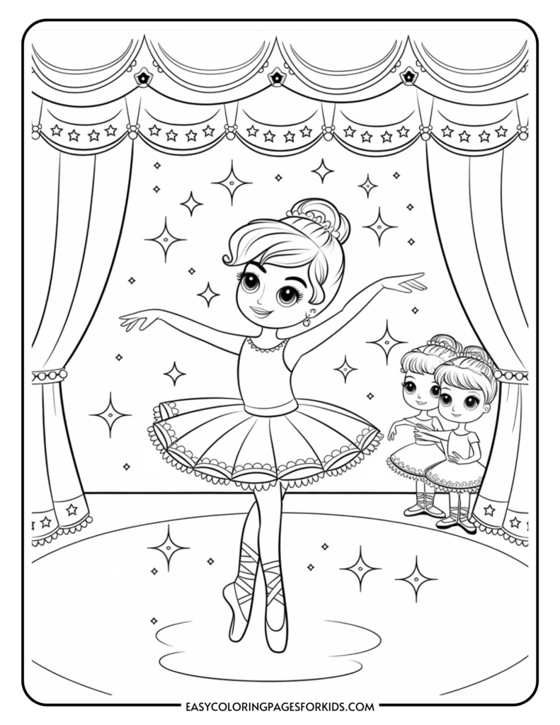 A coloring page featuring a young ballerina in a tutu performing on stage, with two other ballerinas watching from the side. The stage is decorated with stars and curtains.