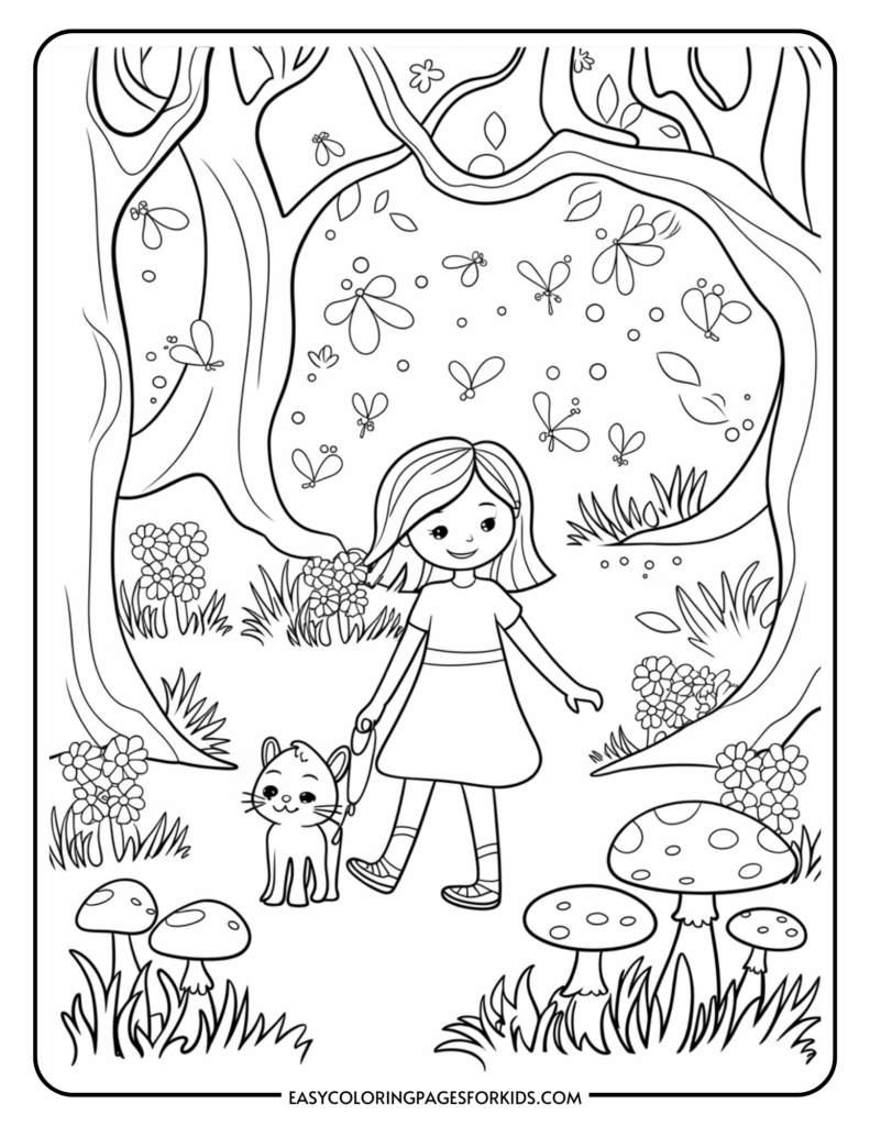 A coloring page featuring a girl walking a cat on a leash in a forest. She is surrounded by trees, flowers, butterflies, and mushrooms on the ground.