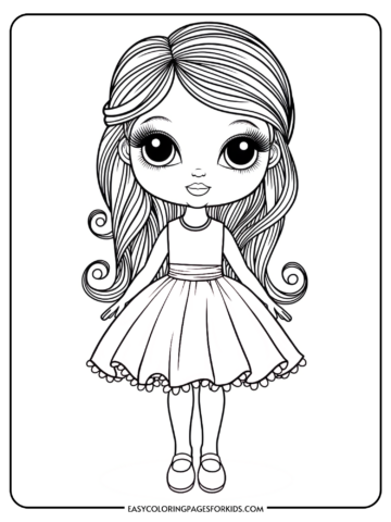 A black and white coloring page depicting a cartoon girl with long, wavy hair and large eyes, wearing a sleeveless dress with a flared skirt and a scalloped hem, standing with her feet close together.