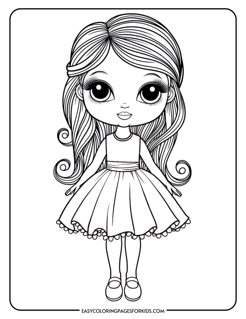 A black and white coloring page depicting a cartoon girl with long, wavy hair and large eyes, wearing a sleeveless dress with a flared skirt and a scalloped hem, standing with her feet close together.