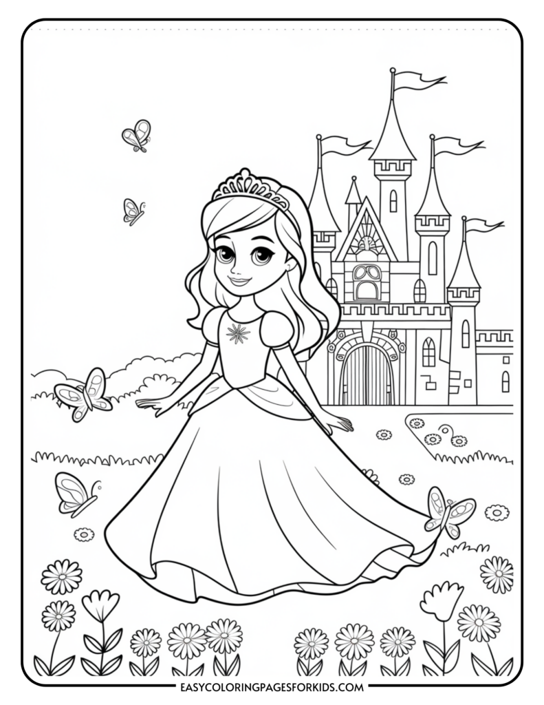 A coloring page featuring a smiling princess with long hair wearing a tiara and a gown, standing in a garden with butterflies and flowers, in front of a castle.