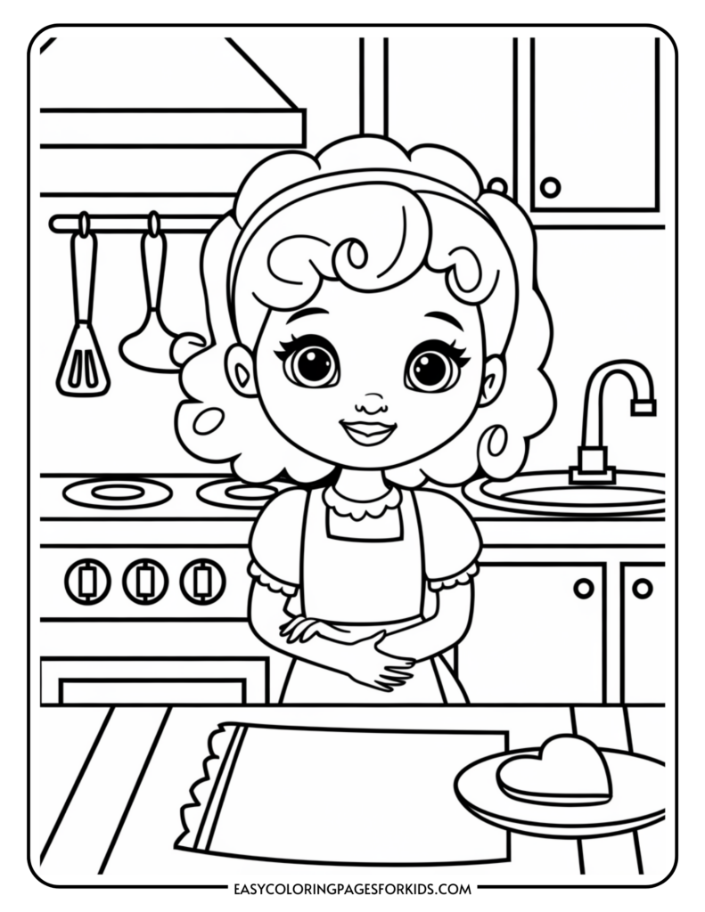 A coloring page featuring a girl with curly hair wearing an apron, standing in a kitchen with utensils hanging behind her and a heart-shaped object on a plate on the counter.