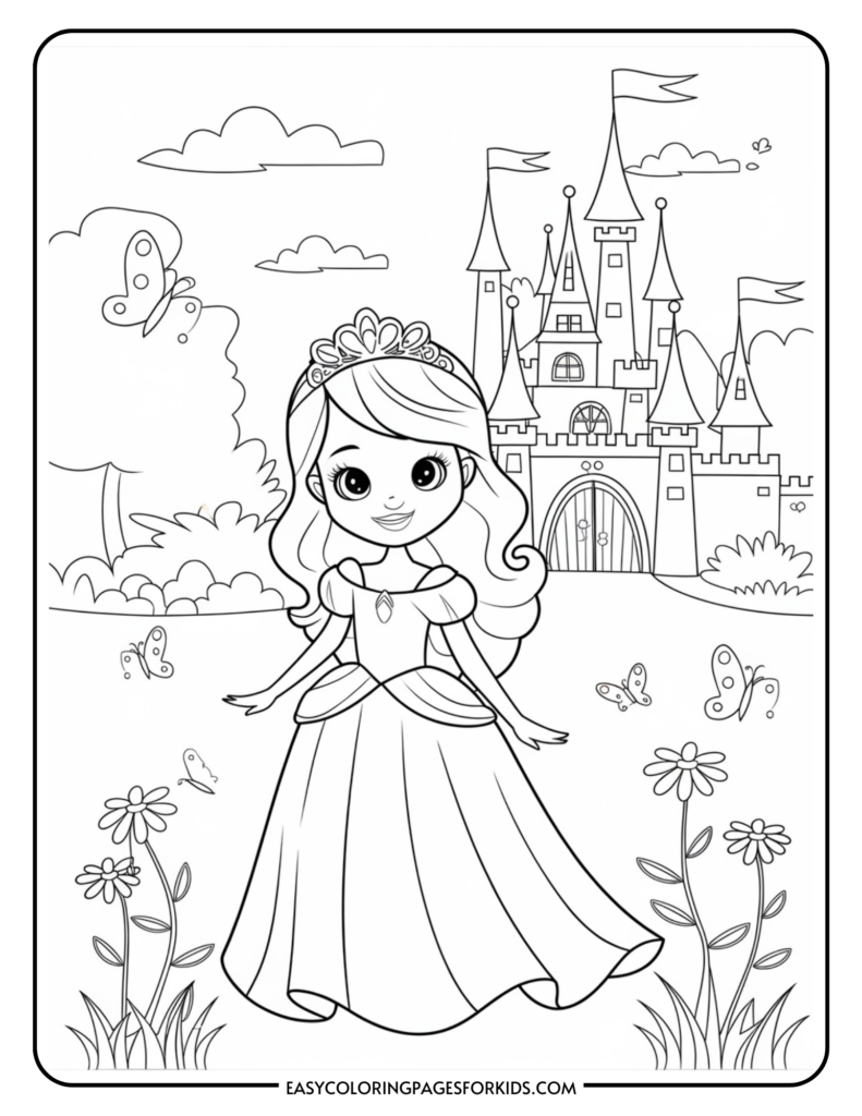 A coloring page featuring a princess with a tiara standing in front of a castle, surrounded by flowers, butterflies, and clouds in the sky.