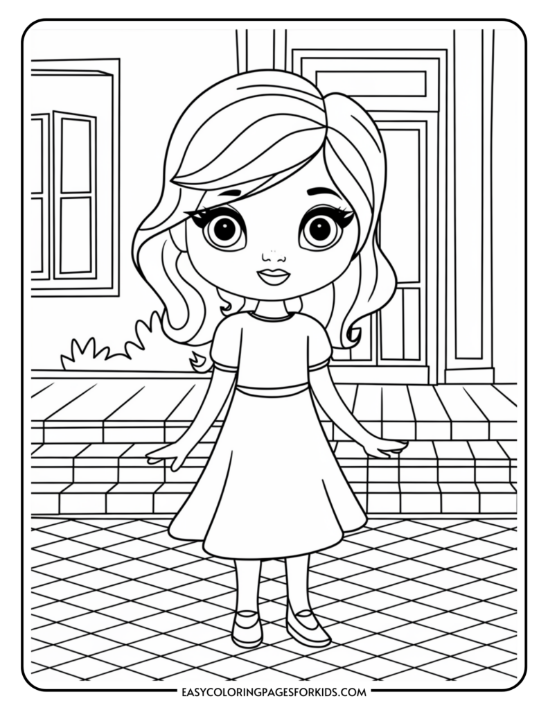 Illustration of a young girl with wavy hair and large eyes standing in front of a building with steps and windows, wearing a dress and shoes.