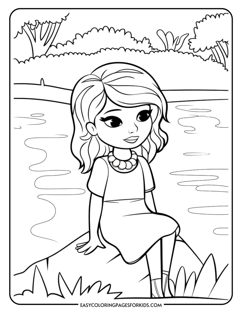 A coloring page featuring a girl with wavy hair, a necklace, and a dress, sitting on a rock by a lake with trees in the background.