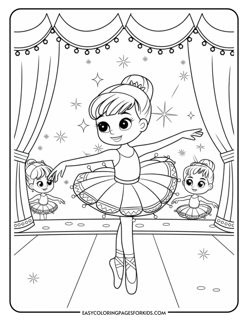 A coloring page featuring a cartoon ballerina on stage in a dance pose, surrounded by two smaller bunnies. The stage has curtains and decorative lights, and stars are drawn in the background.