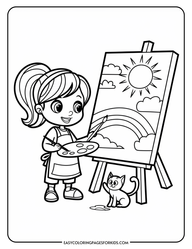 A coloring page featuring a cartoon girl with a ponytail painting a bright scene of a sun and rainbow on an easel, accompanied by a kitten sitting beside her.