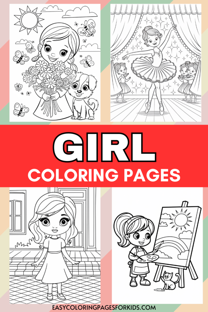 Illustrated coloring pages for kids featuring girls in various activities, including holding flowers, dancing ballet, standing outside a door, and painting a rainbow.