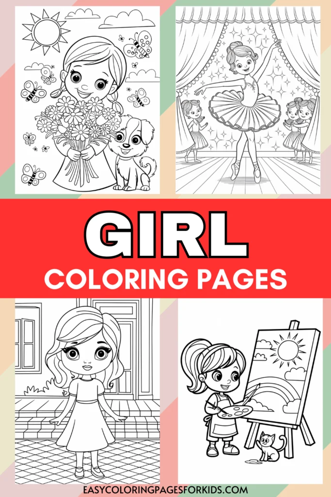 Illustrated coloring pages for kids featuring girls in various activities, including holding flowers, dancing ballet, standing outside a door, and painting a rainbow.