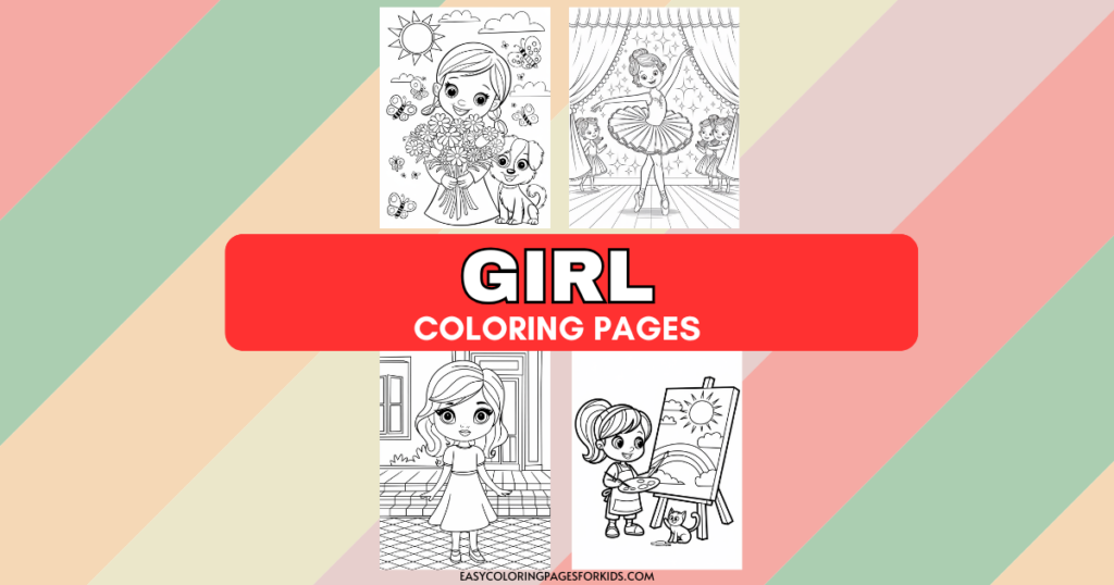 A collage of four black and white coloring pages featuring different illustrations of girls, including one holding flowers with a dog, one dancing as a ballerina, one standing outdoors, and another painting.