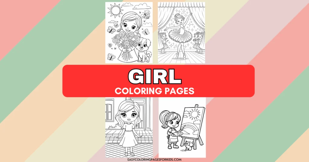 A collage of four black and white coloring pages featuring different illustrations of girls, including one holding flowers with a dog, one dancing as a ballerina, one standing outdoors, and another painting.