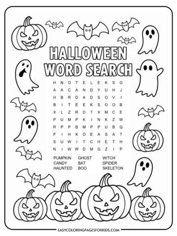 A Halloween-themed word search puzzle featuring words like pumpkin, ghost, bat, witch, and spider. The puzzle is surrounded by illustrations of jack-o'-lanterns, bats, and ghosts.