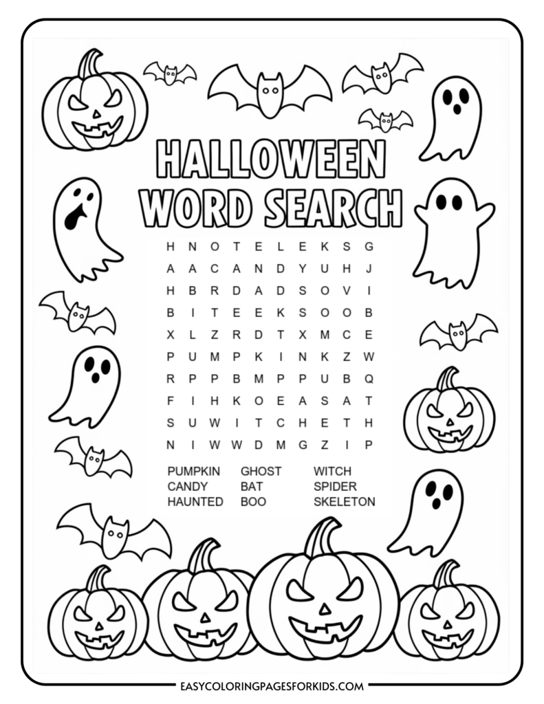 A Halloween-themed word search puzzle featuring words like pumpkin, ghost, bat, witch, and spider. The puzzle is surrounded by illustrations of jack-o'-lanterns, bats, and ghosts.