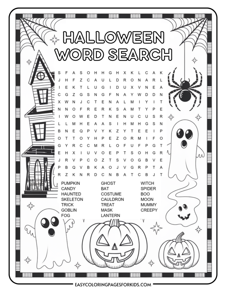 A Halloween-themed word search with words like 'pumpkin,' 'ghost,' 'witch,' and 'costume.' It's decorated with images of a haunted house, a spider on a web, ghosts, and jack-o'-lanterns.