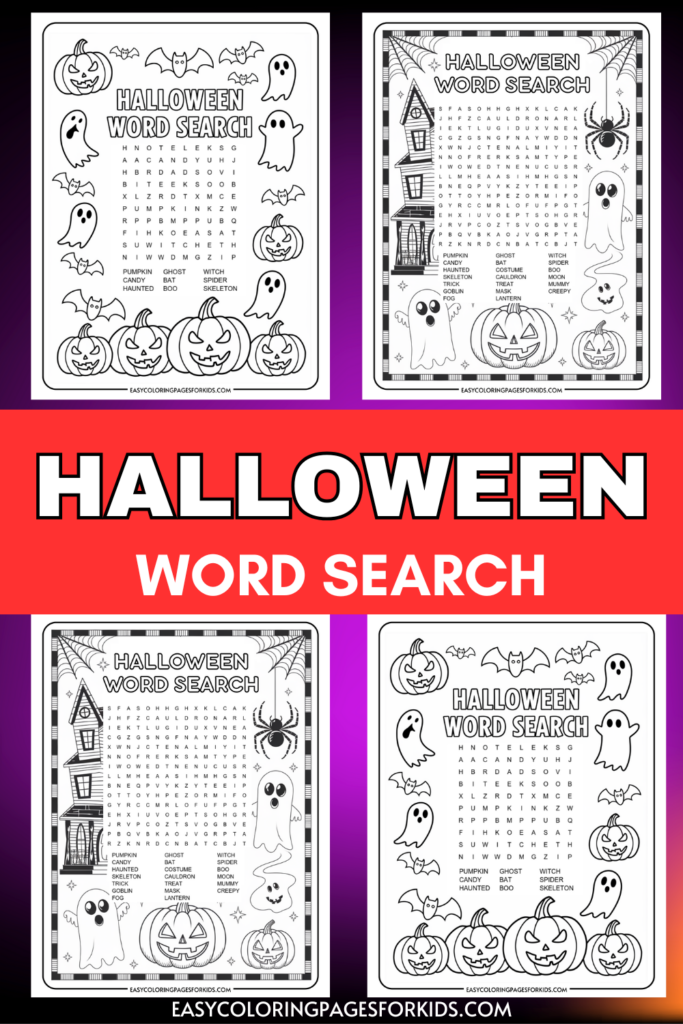 Four Halloween-themed word search puzzles with illustrations of ghosts, pumpkins, bats, and a haunted house, labeled 'Halloween Word Search.'