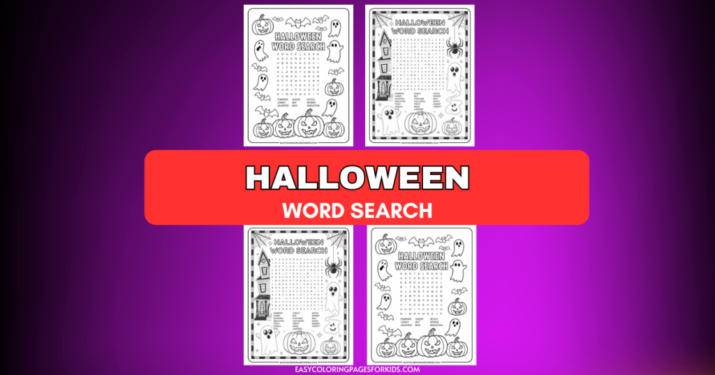 A collection of four Halloween-themed word search puzzles featuring illustrations of ghosts, bats, and pumpkins, with a bold red banner in the center reading "HALLOWEEN WORD SEARCH."