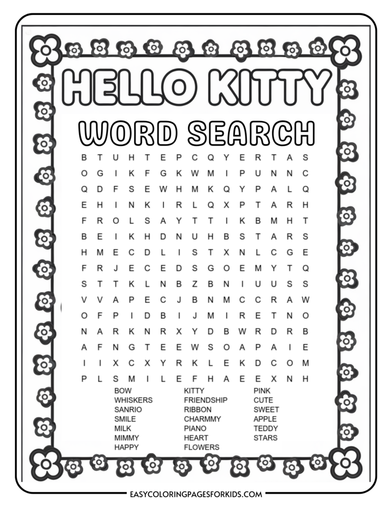 A Hello Kitty word search puzzle featuring a grid of letters surrounded by a floral border. Words to find are listed below the grid, including 'BOW', 'WHISKERS', 'SANRIO', 'SMILE', 'MILK', 'MIMMY', 'HAPPY', 'KITTY', 'FRIENDSHIP', 'RIBBON', 'CHARMMY', 'PIANO', 'HEART', 'FLOWERS', 'PINK', 'CUTE', 'SWEET', 'APPLE', 'TEDDY', and 'STARS'.