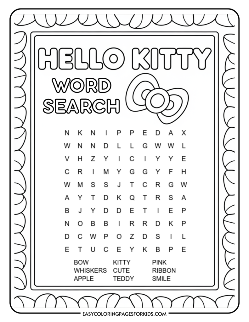 A Hello Kitty-themed word search puzzle with words to find, including "Bow," "Whiskers," "Apple," "Kitty," "Cute," "Teddy," "Pink," "Ribbon," and "Smile." The puzzle grid is surrounded by a decorative border and includes the Hello Kitty bow logo.