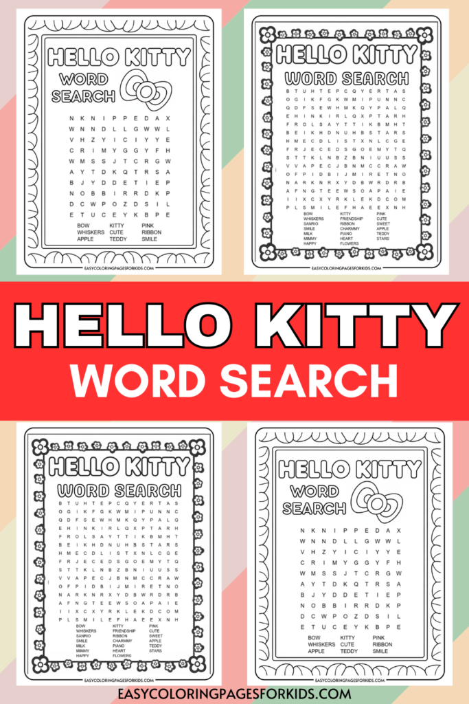 A set of four Hello Kitty themed word search puzzles with floral and bow designs around the edges, featuring various words related to Hello Kitty.