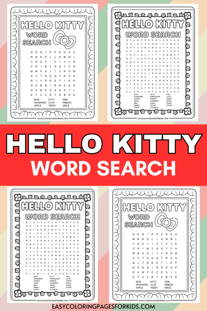 A set of four Hello Kitty themed word search puzzles with floral and bow designs around the edges, featuring various words related to Hello Kitty.