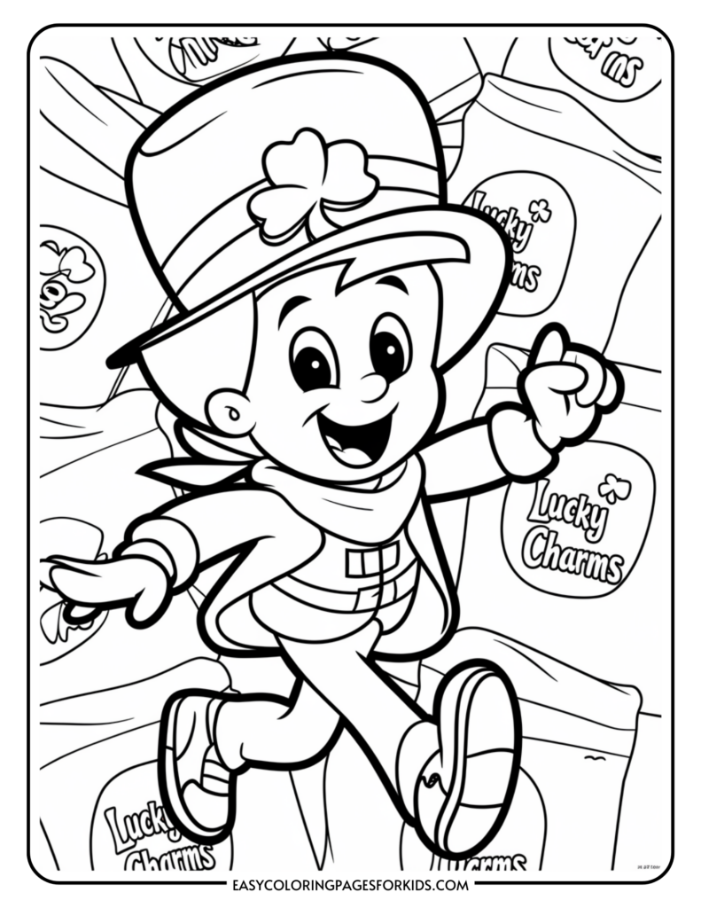 A cartoon character with a large hat decorated with a clover is cheerfully walking among several large bags of Lucky Charms cereal, depicted in a coloring page style.