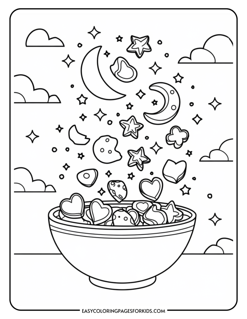 A coloring page featuring a bowl filled with various shapes like hearts, stars, and moons, with more shapes floating above the bowl against a backdrop of clouds and stars.