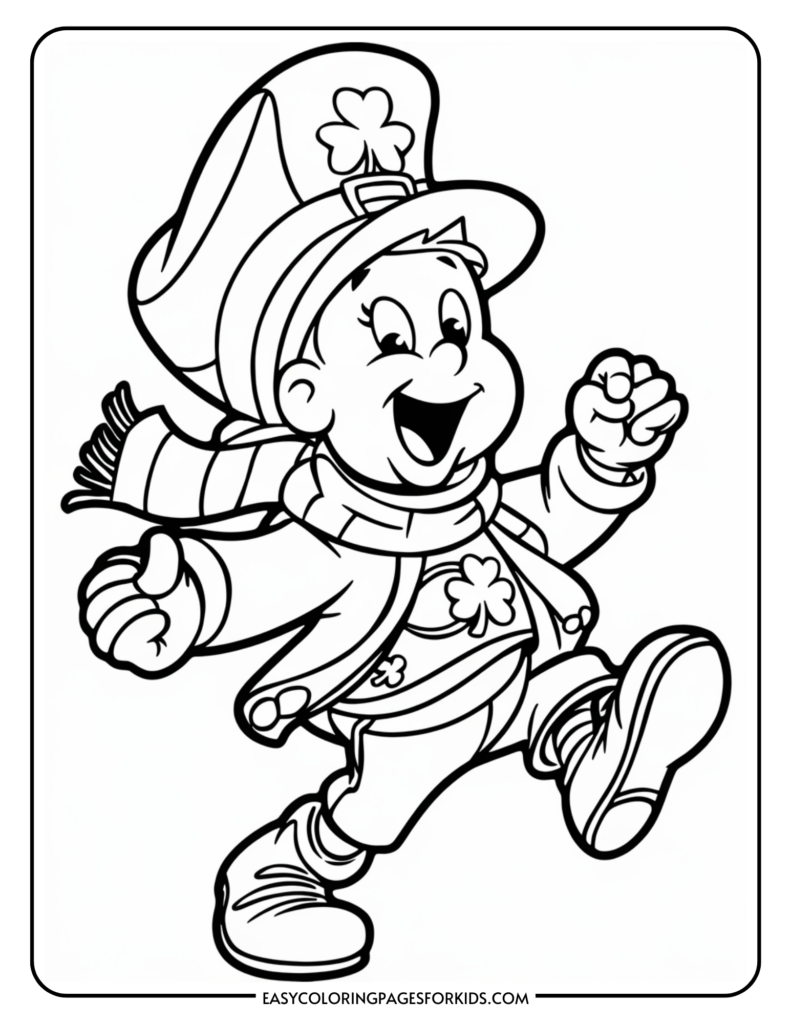 A cartoonish leprechaun wearing a large hat with a shamrock, a scarf, and boots, happily skipping with one arm raised.