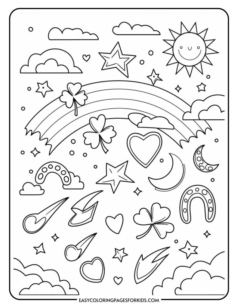 A black and white coloring page featuring a sun, clouds, a rainbow, stars, hearts, shooting stars, horseshoes, moons, and clover leaves with smiley faces.