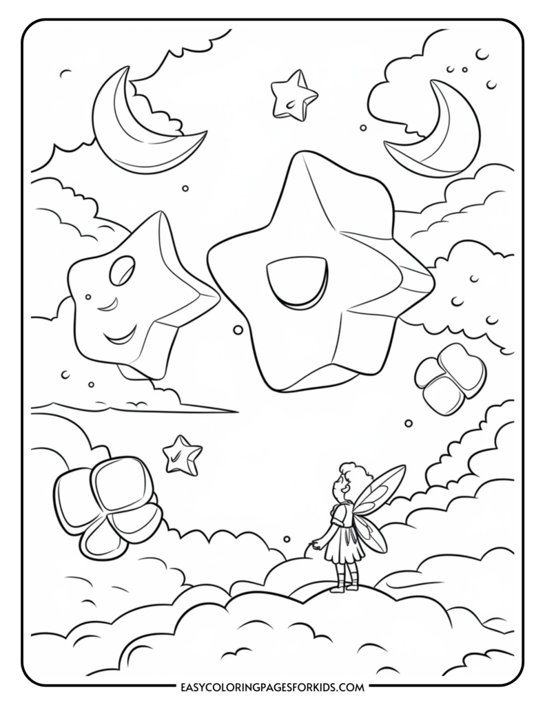 A whimsical coloring page depicting a fairy standing on a cloud, looking up at large, smiling stars and crescent moons in a cloudy sky.