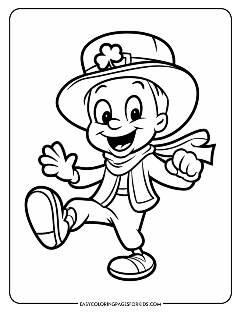 Coloring page of a cheerful cartoon leprechaun wearing a hat with a clover, a scarf, and smiling while lifting one foot in a playful pose.