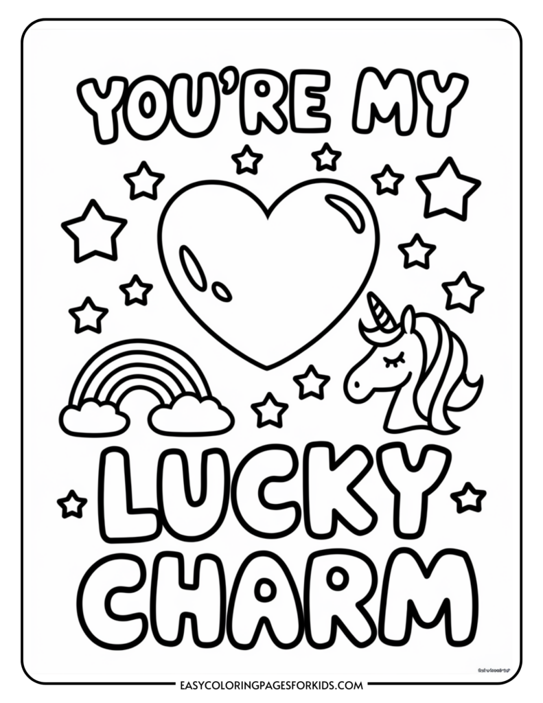 A coloring page featuring the phrase "You're My Lucky Charm" with illustrations of a heart, stars, a rainbow, and a unicorn's head.