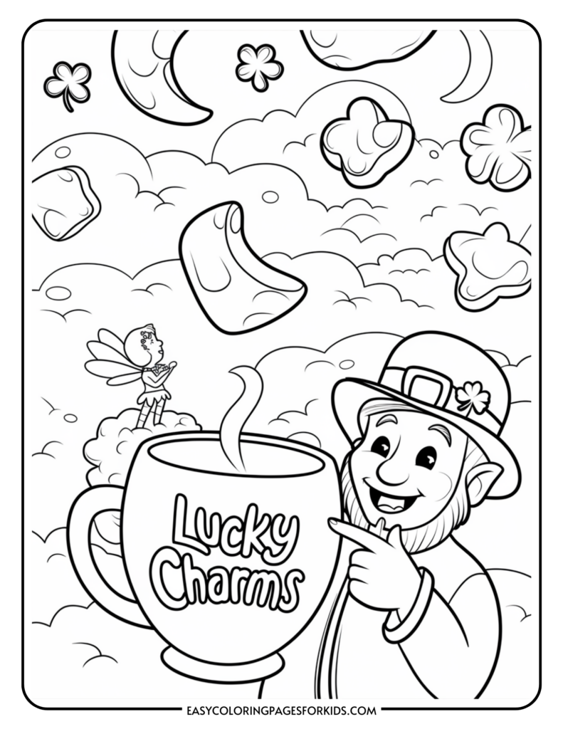 A coloring page featuring a leprechaun pointing at a large cup labeled 'Lucky Charms' among clouds, with moons, stars, and clovers surrounding them.