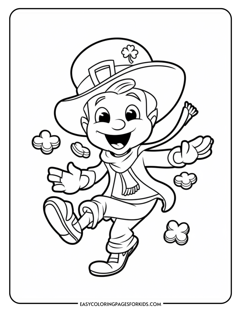 A coloring page featuring a cheerful cartoon leprechaun wearing a tall hat with a shamrock, a scarf, and boots, surrounded by floating shamrocks.