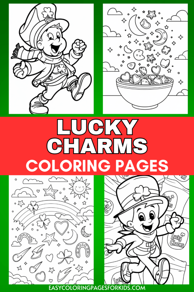 A collection of Lucky Charms-themed coloring pages featuring a cheerful leprechaun character and a bowl of cereal with various colorful shapes. The designs include stars, moons, hearts, and rainbows, set against a backdrop of clouds and celestial elements. Text reads "Lucky Charms Coloring Pages" with a website link at the bottom.