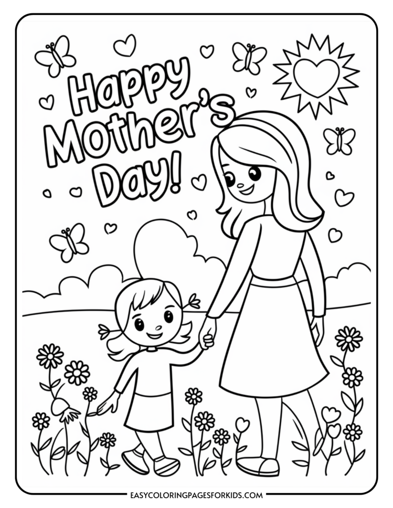 A Mother's Day coloring page featuring a smiling woman holding hands with a young girl in a field with flowers and butterflies, under the text "Happy Mother's Day!" with a sun and heart in the sky.