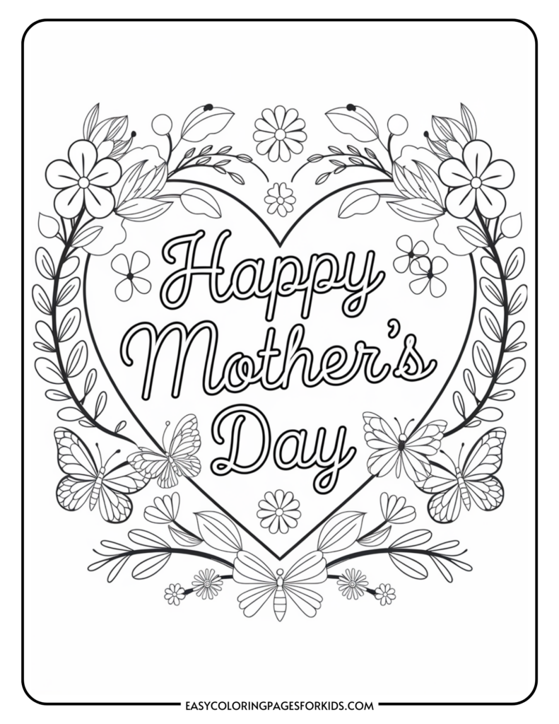 A Mother's Day coloring page featuring the phrase "Happy Mother's Day" inside a heart shape, surrounded by flowers and butterflies.