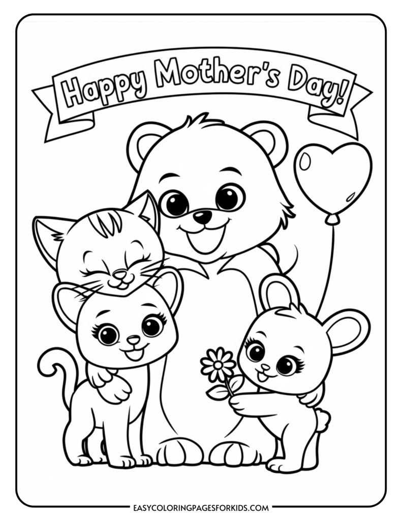 A coloring page with a cute bear, cat, and bunny celebrating Mother's Day, featuring a 'Happy Mother's Day!' banner at the top. The bear is holding a heart-shaped balloon, and the bunny is offering a flower.