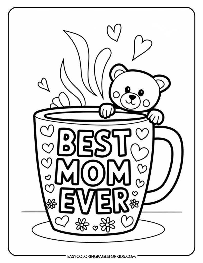 A coloring page depicting a mug with "Best Mom Ever" written on it, adorned with hearts and flowers. A small bear peeks over the edge, and steam curls rise above the mug with hearts floating around.