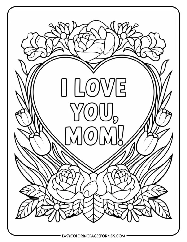 A coloring page featuring a heart with the words "I Love You, Mom!" surrounded by flowers and leaves.