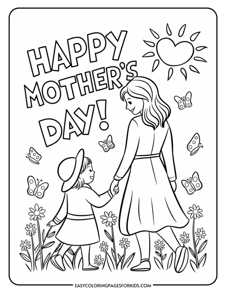 Black and white coloring page featuring a mother and child walking hand in hand, surrounded by flowers and butterflies, with the text 'Happy Mother's Day' and a sun shaped like a heart.