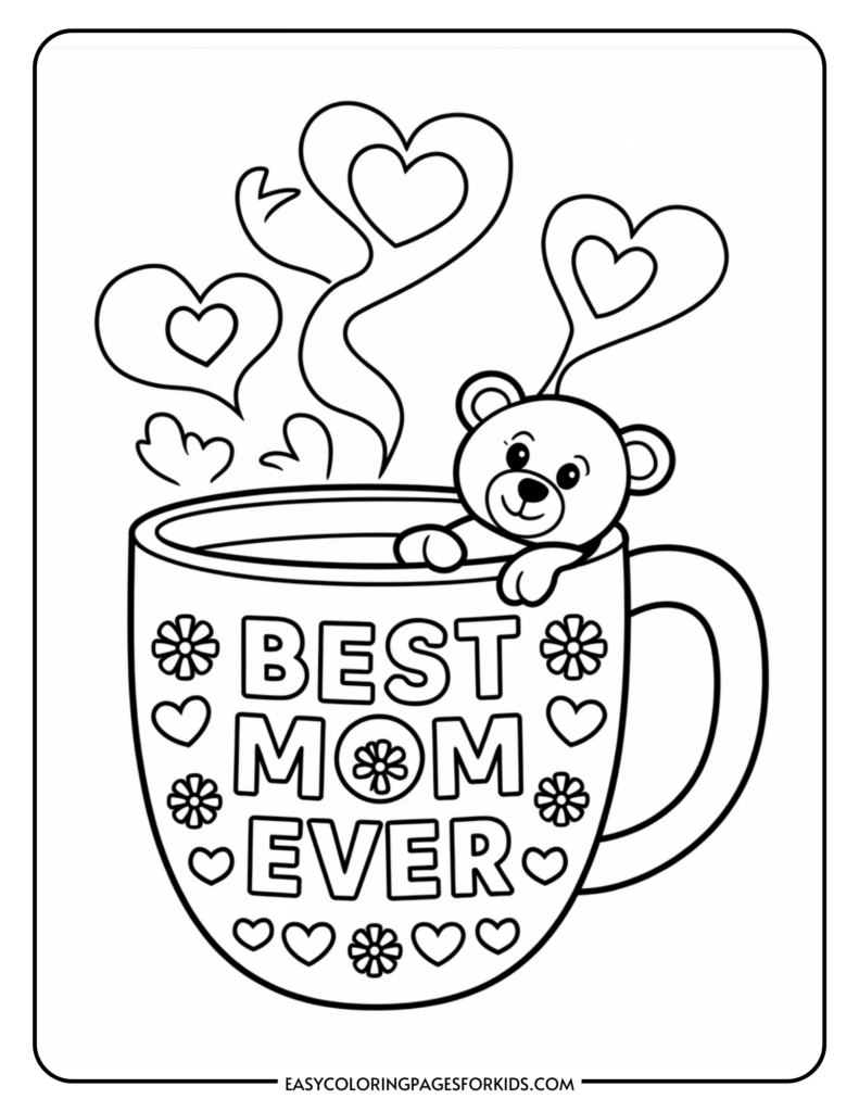 A coloring page featuring a large mug with the phrase "Best Mom Ever" and decorative flowers and hearts. A small teddy bear peeks over the rim, with steam forming heart shapes rising above the mug.