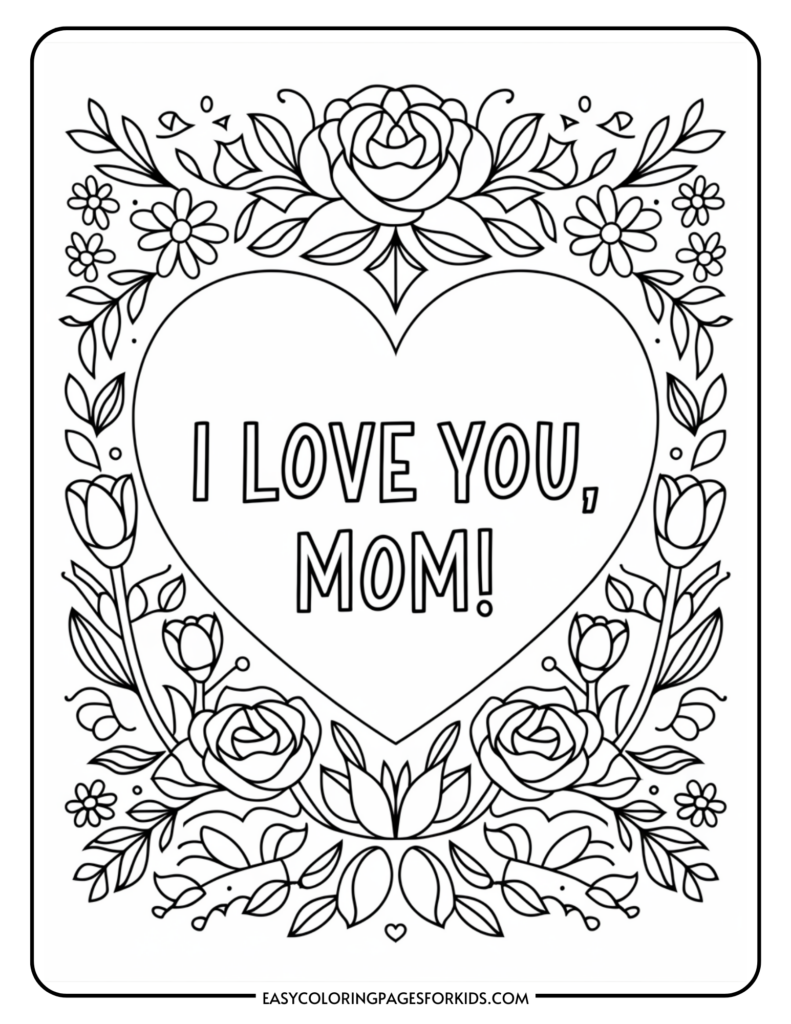 A coloring page featuring the text 'I LOVE YOU, MOM!' inside a large heart, surrounded by intricate floral designs including roses, tulips, and leaves.