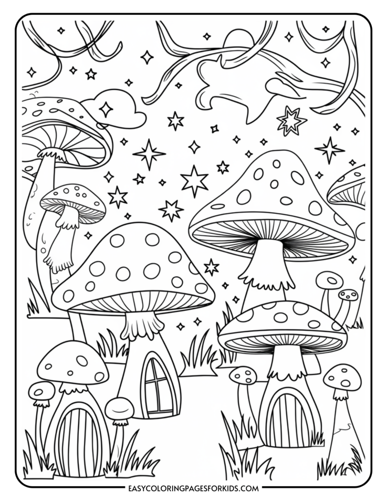 A whimsical coloring page featuring large mushrooms with doors and windows, resembling houses, amid grassy areas and surrounded by stars in the sky.