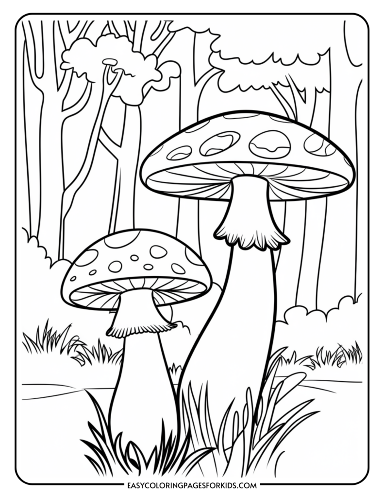 Black and white line drawing of two large mushrooms with spotted caps, set in a forest scene with trees and grass.