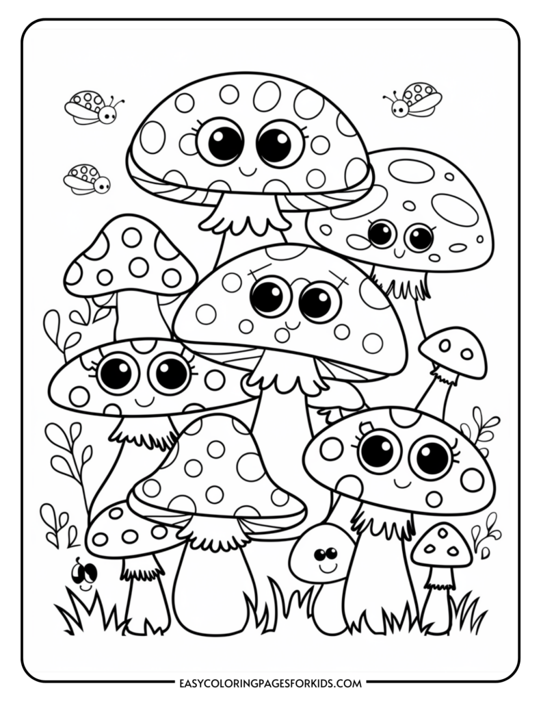 A coloring page featuring a group of cartoon mushrooms with smiling faces and round eyes, surrounded by small plants and ladybugs.