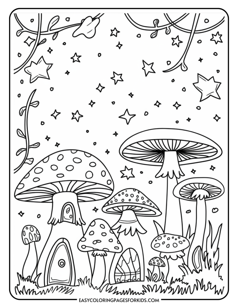 Black and white coloring page depicting a whimsical scene of large mushrooms with door-like features, surrounded by stars, leaves, and grass.